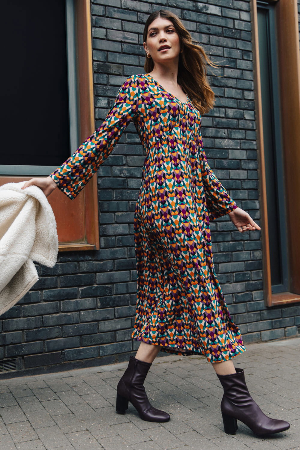 ORANGE Geo Print Stretch Midi Dress, Image 1 of 7