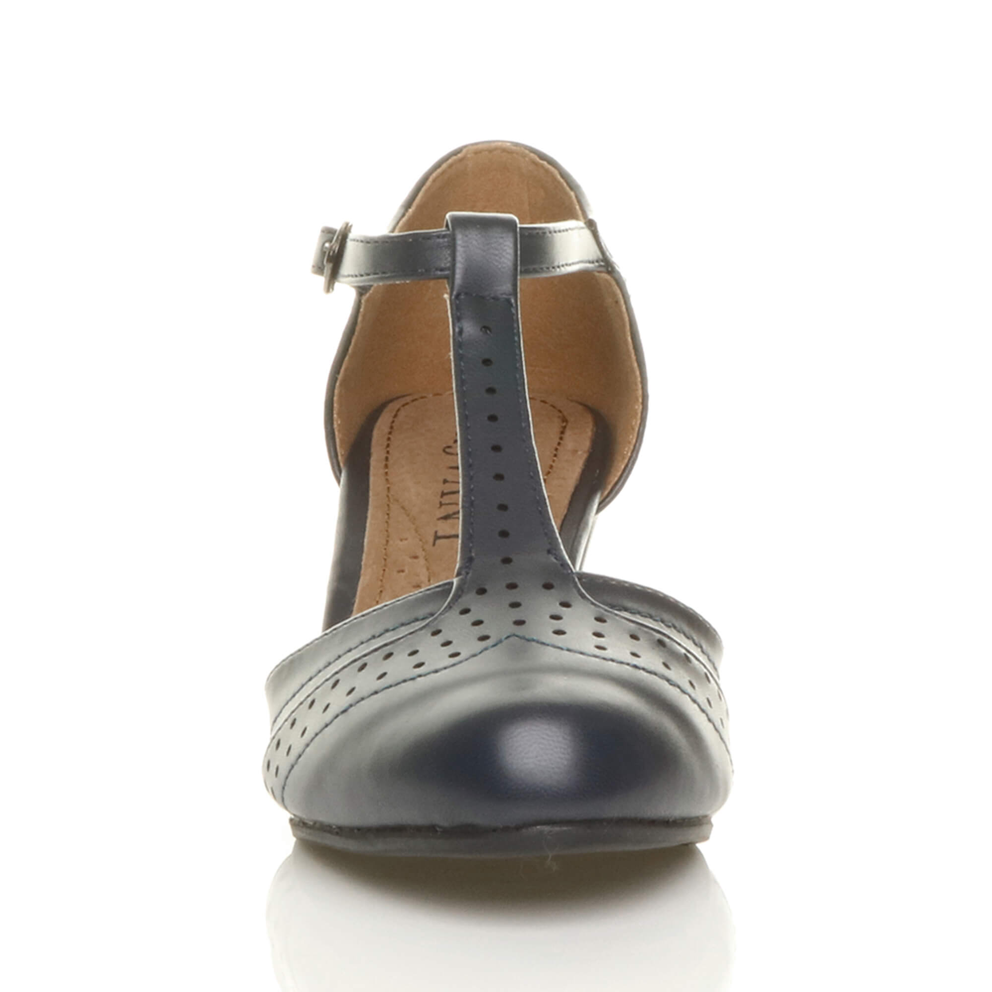 Navy Blue Mid Heel Comfort T-Bar Brogue Heels, Image 6 of 6