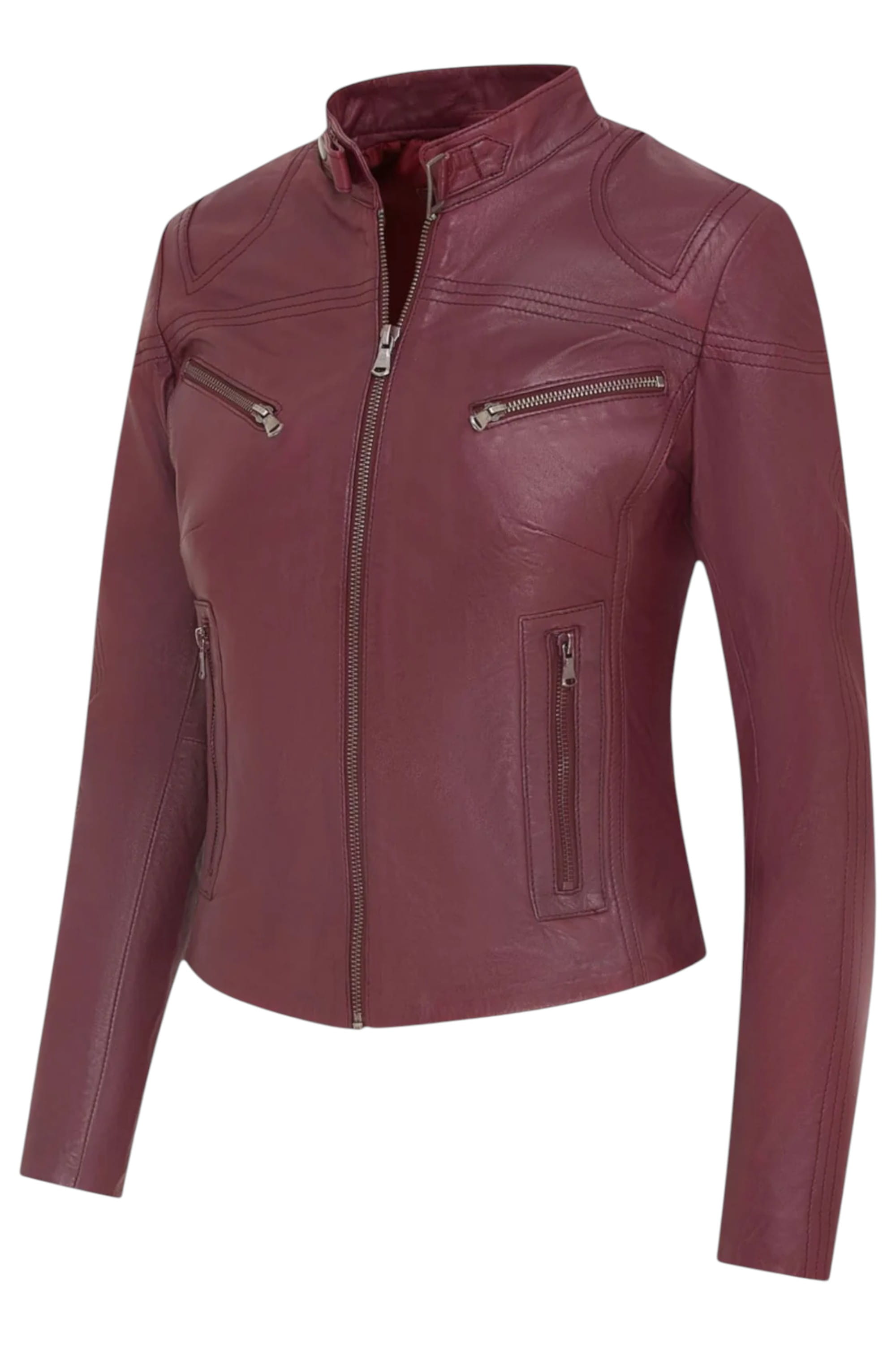 Burgundy Slim-Fit Leather Biker Jacket-Tulsa, Image 4 of 7