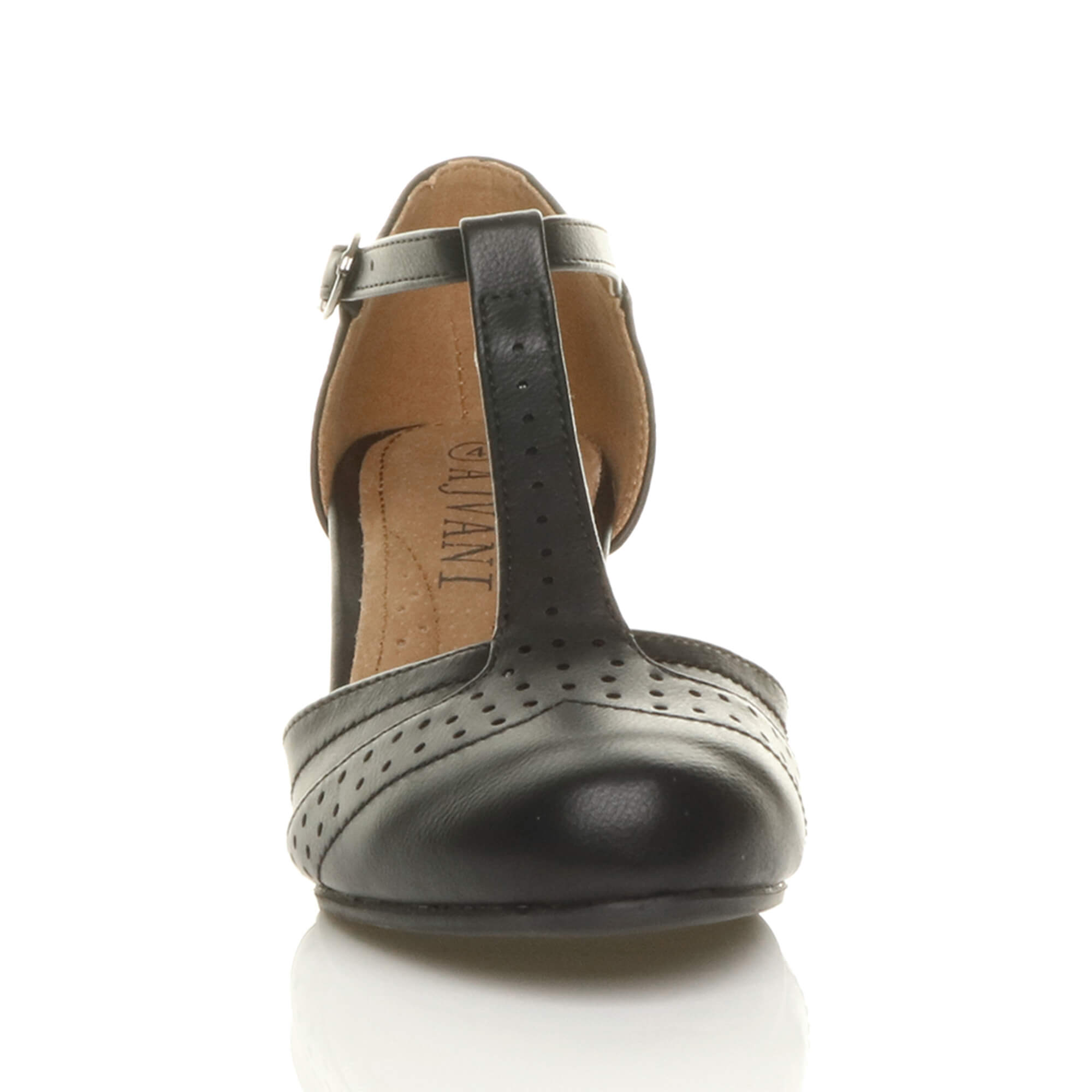 Black AJVANI Black Mid Heel Comfort T-Bar Brogue Heels, Image 6 of 6