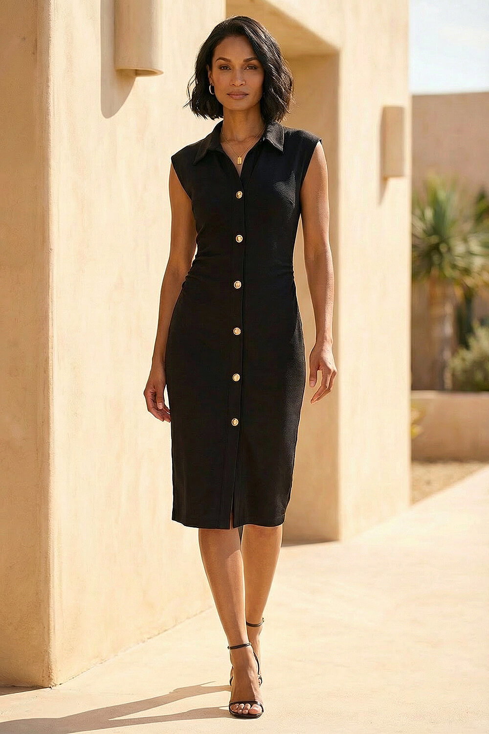 Black Dusk Collared Ribbed Midi Dress, Image 1 of 4