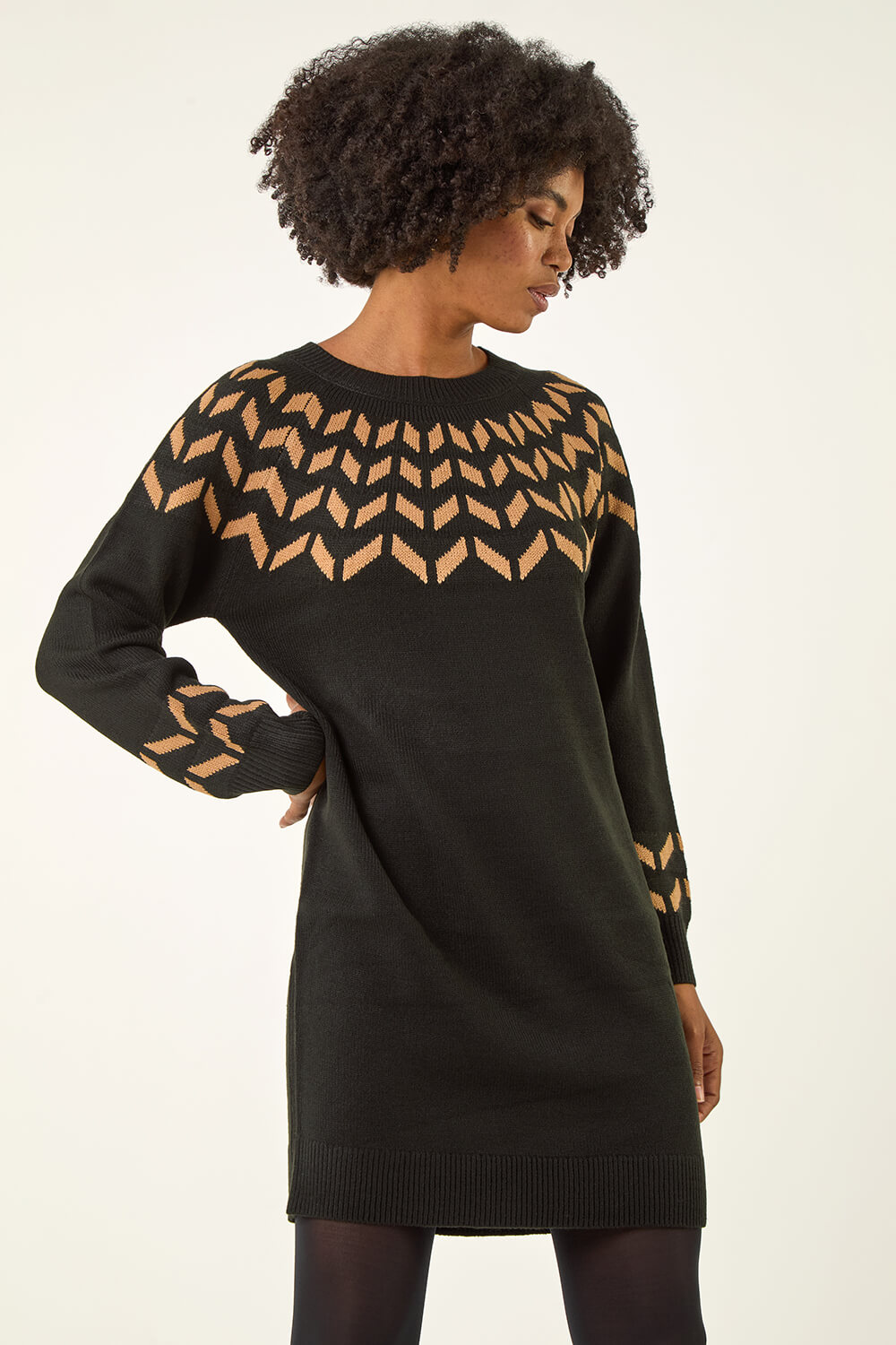 Camel Chevron Stretch Knit Jumper Dress, Image 1 of 5