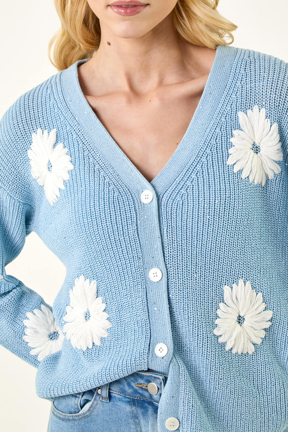 Light Blue Daisy Detail Knit Cardigan | Roman UK
