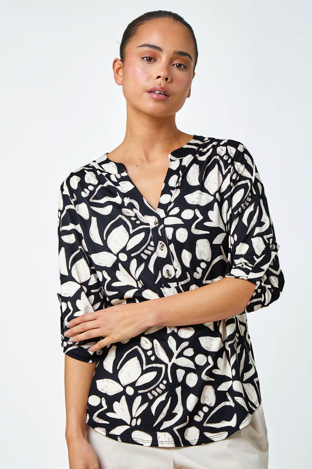 Black Petite Floral Stretch Button Detail Shirt, Image 5 of 5
