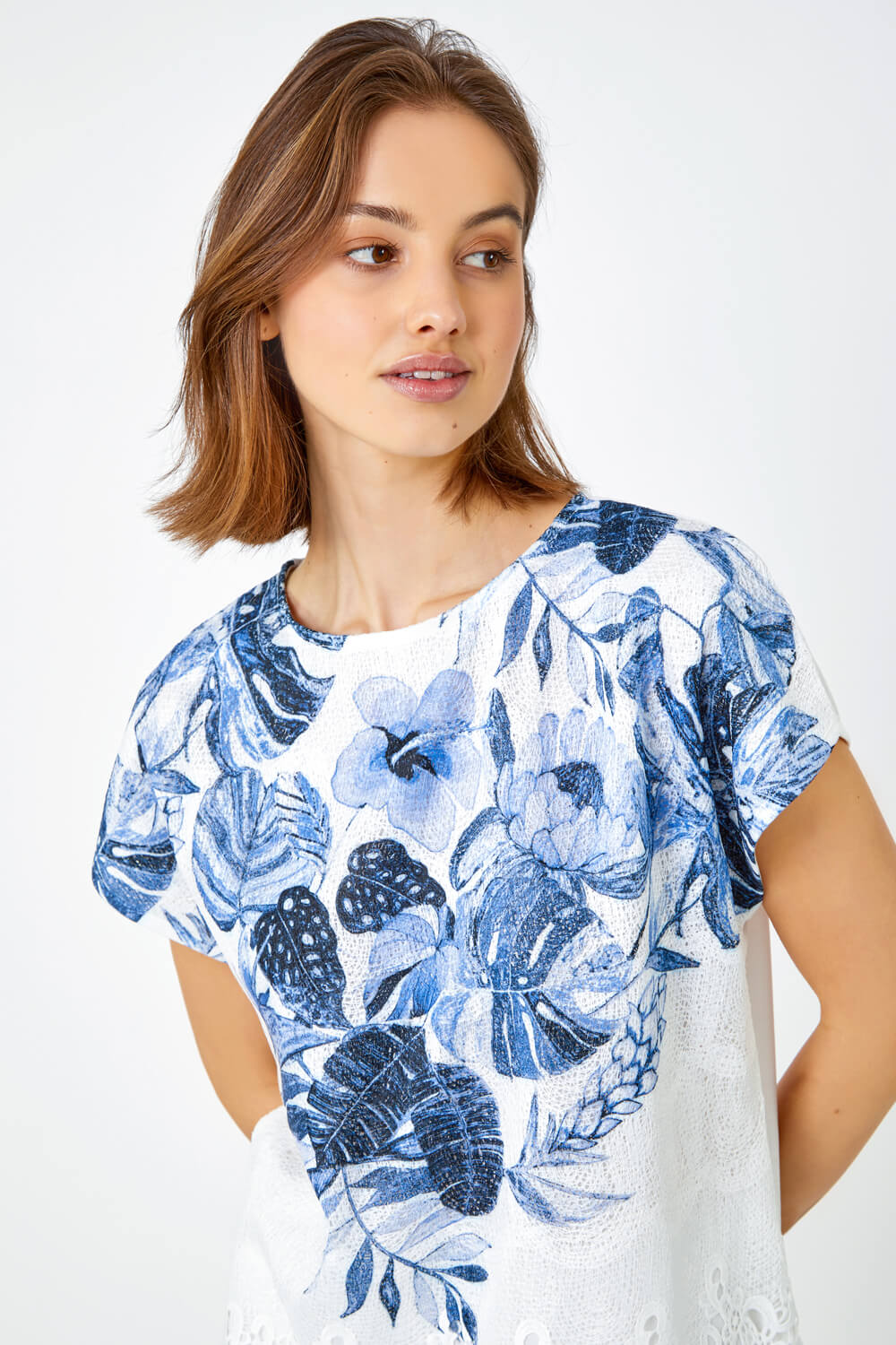 Blue Floral Print Lace Trim Stretch T-Shirt , Image 3 of 5