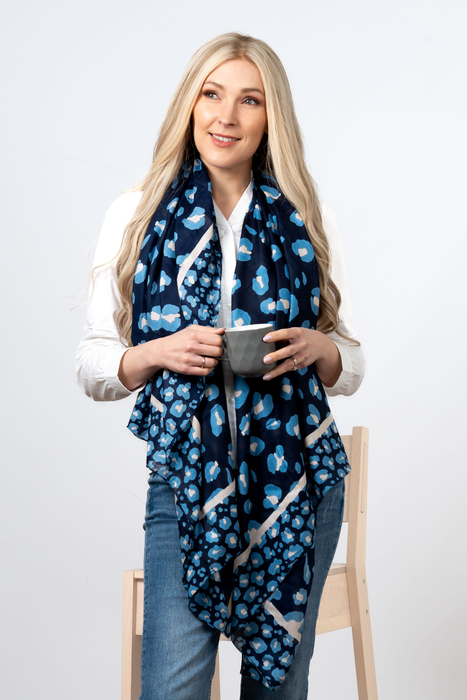 Blue Bordered Leopard Print Lightweight Scarf, Image 1 of 1