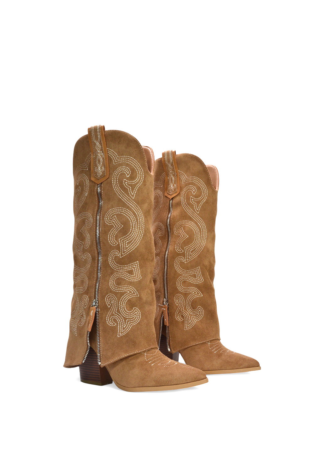 Tan XY LONDON Tan 'Evangeline' Knee High Western Cowboy Boots With Zip, Image 3 of 6