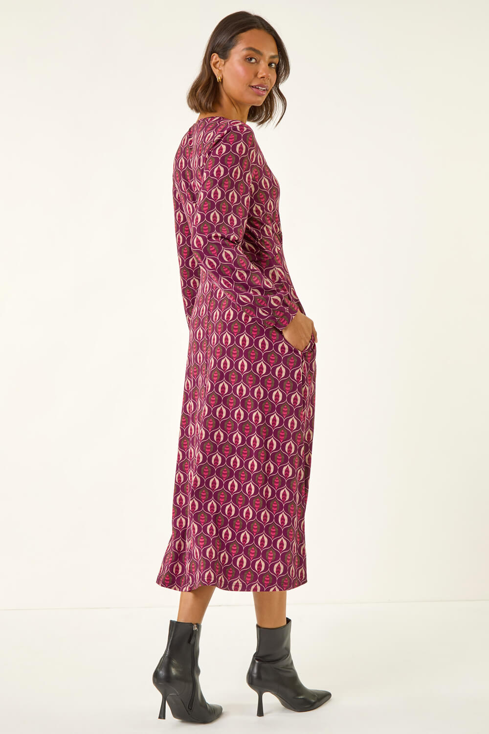 Red Geo Print V-Neck Stretch Midi Dress, Image 4 of 5