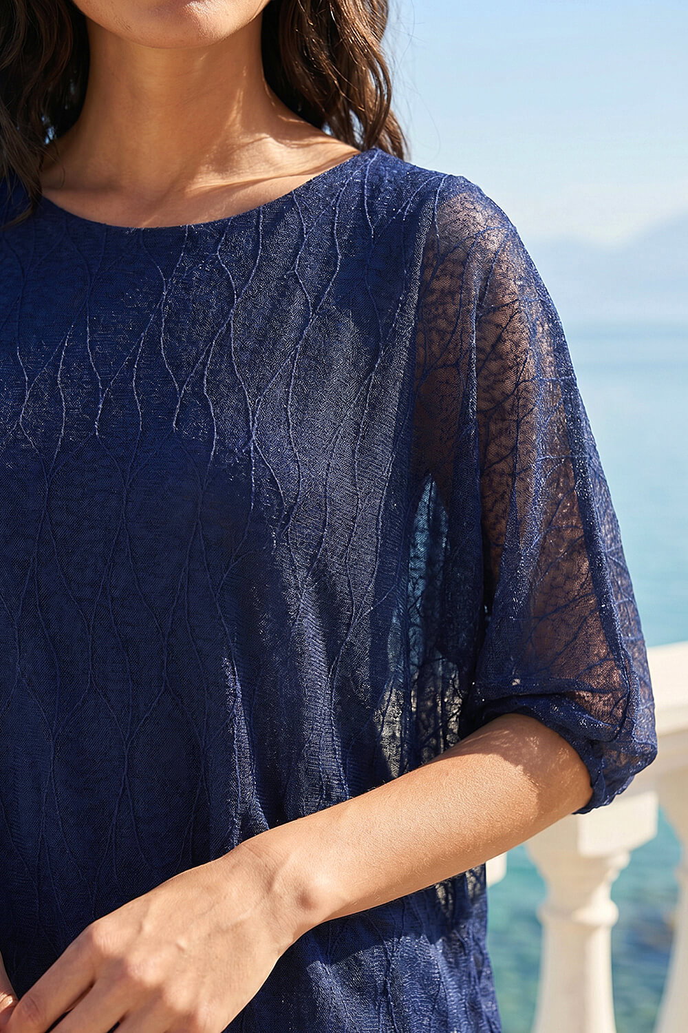 Navy Mesh Bubble Hem Stretch Top, Image 5 of 4