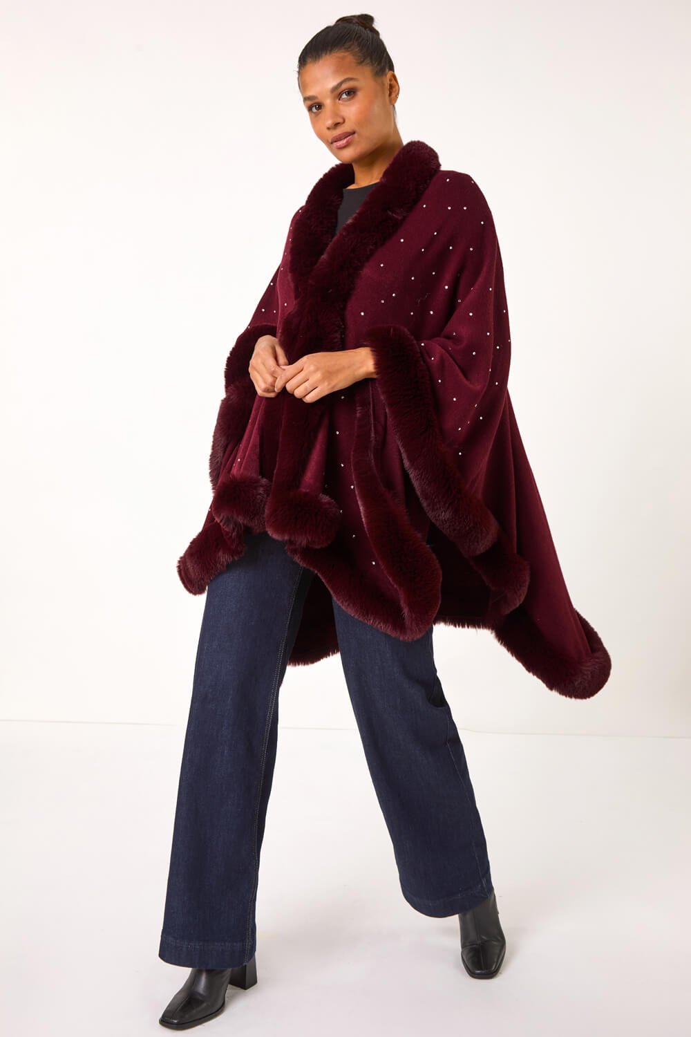 Wine Sparkly Faux Fur Trim Cape, Image 3 of 5