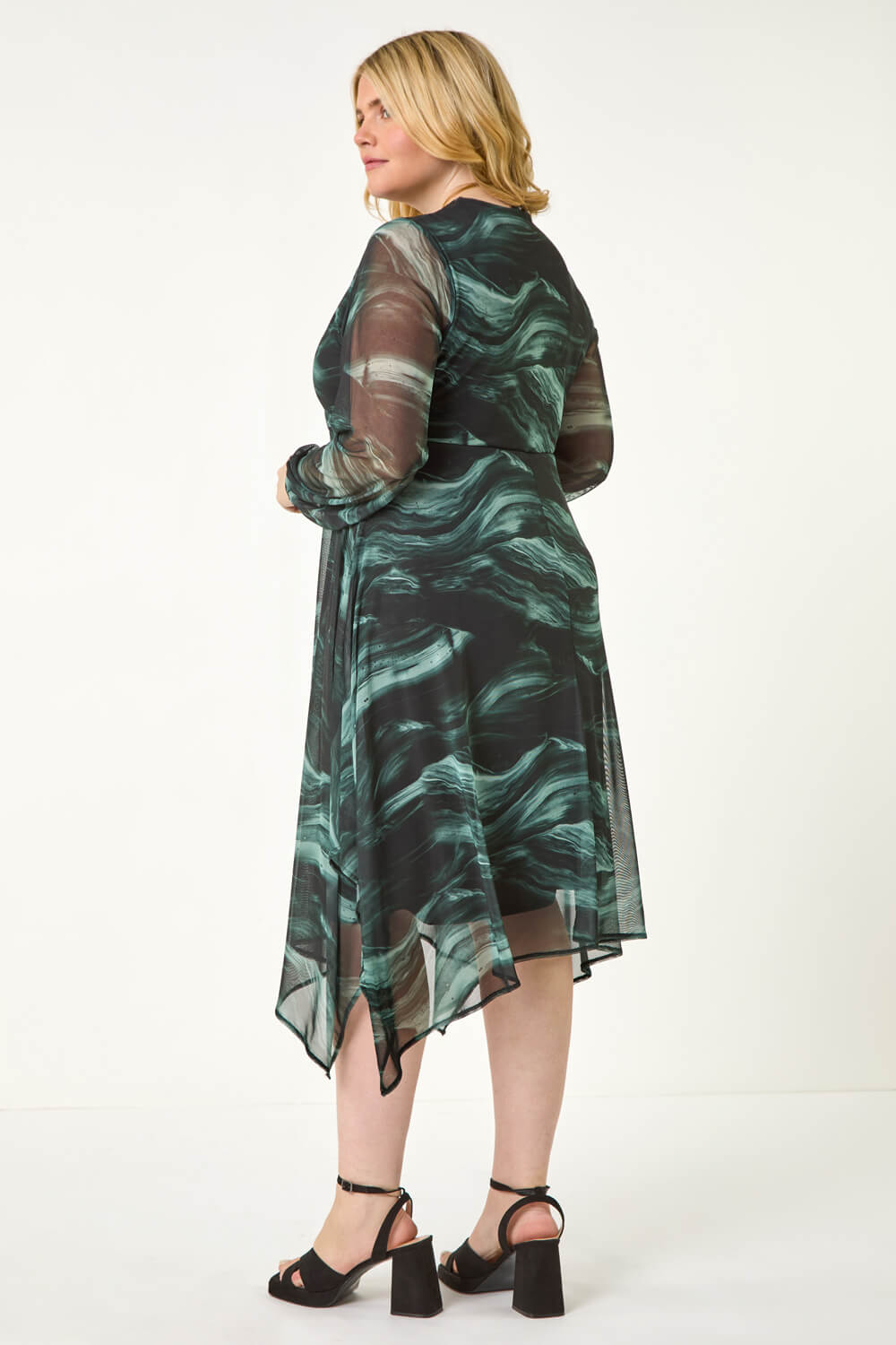 Grey Curve Abstract Print Wrap Stretch Midi Dress, Image 4 of 5