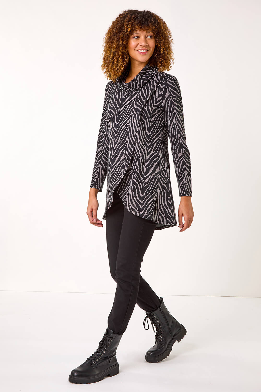 Dark Grey Animal Print Cowl Neck Tunic Top, Image 3 of 5