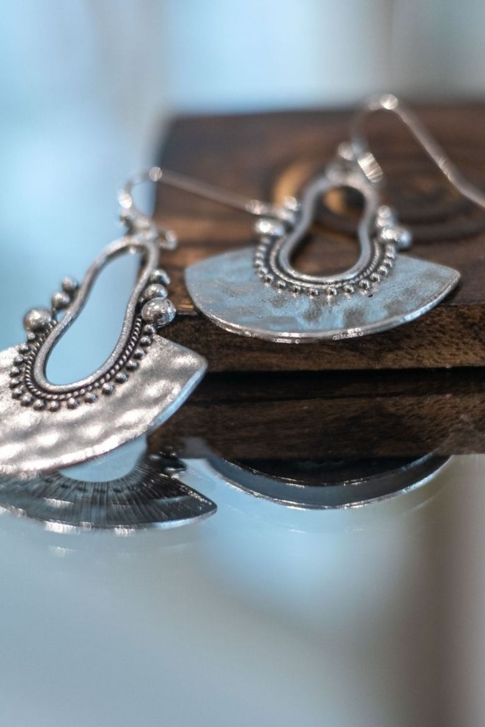 Silver Retro Tribal Semi-Disc Dangle Earrings, Image 1 of 2