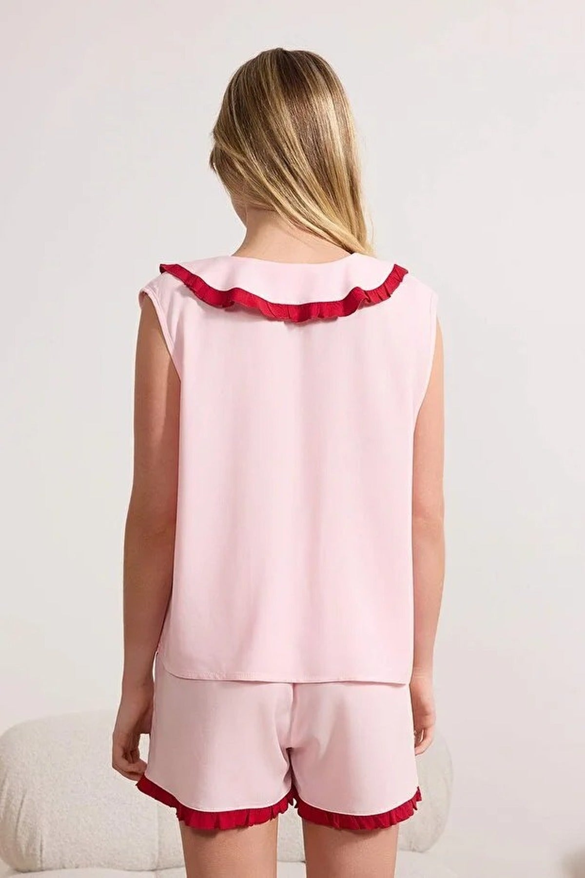 Pink Contrast Ruffle Collar Sleeveless Viscose Woven Pyjama Set, Image 2 of 3