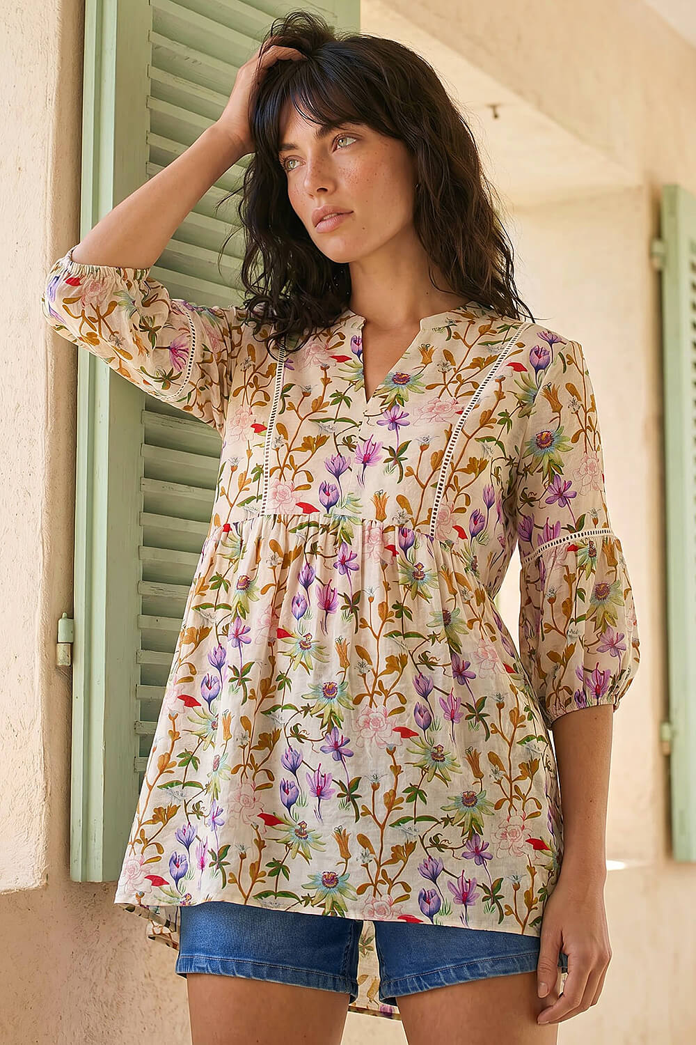 Purple Floral Print Notch Neck Top, Image 3 of 4