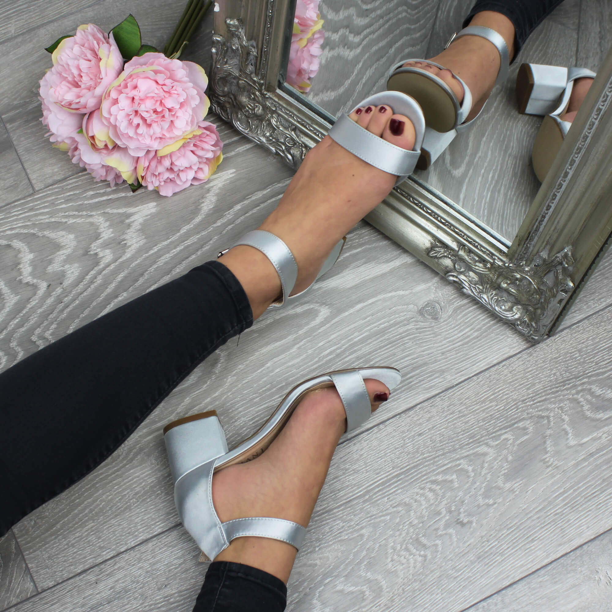 Silver AJVANI Silver Mid Block Heel Ankle Strap Sandals, Image 5 of 6