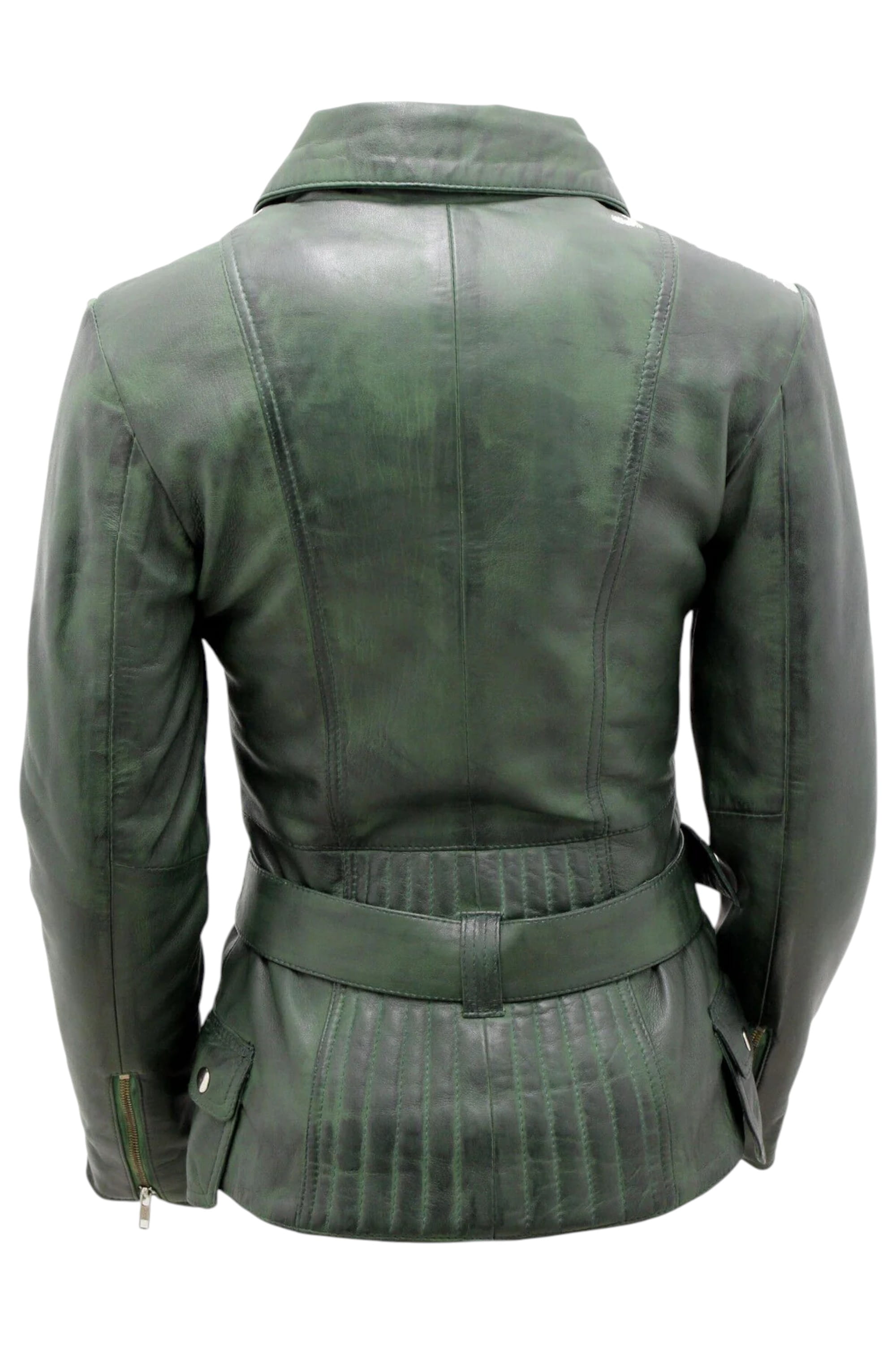 Grey Womens Long Leather Biker Jacket-Quito, Image 3 of 4