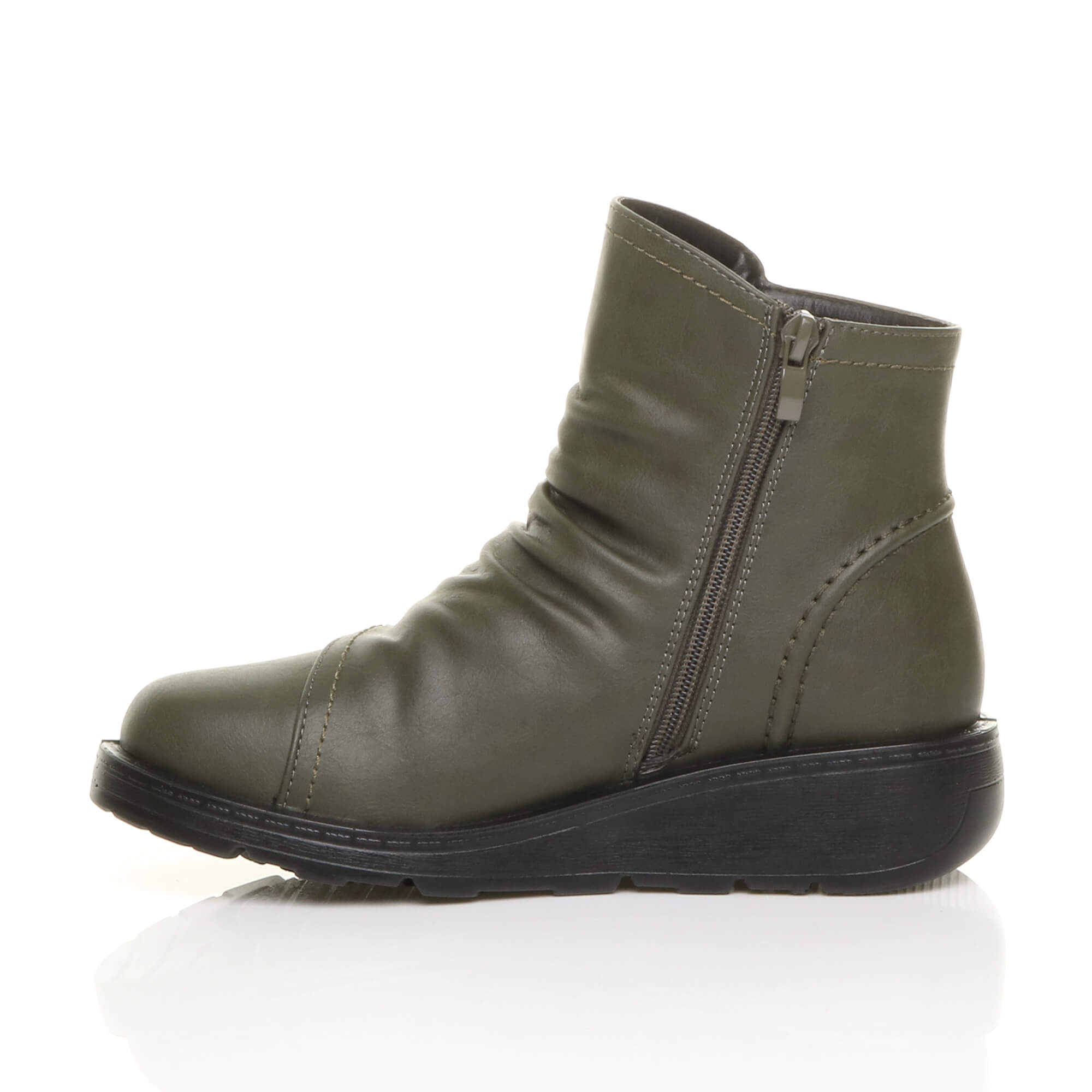 Khaki AJVANI Khaki Low Wedge Comfort Button Ankle Boots, Image 3 of 6