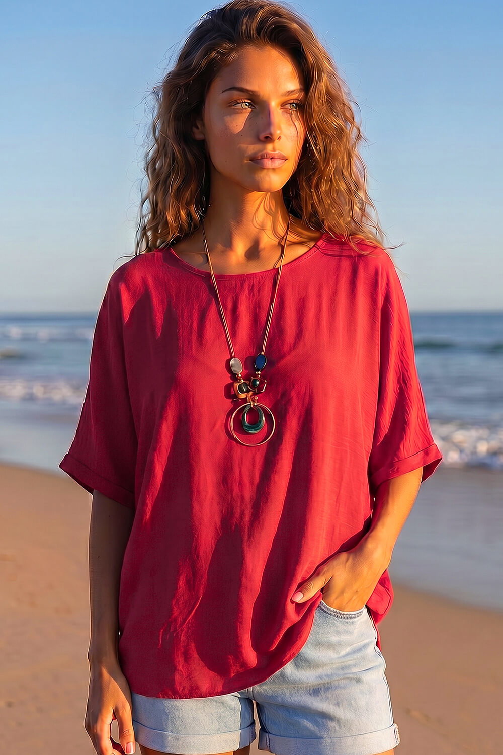 Wine Tunic Top with Necklace, Image 1 of 4