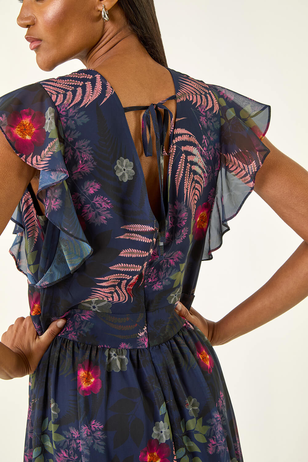 Navy Floral Print Frill Midi Dress, Image 6 of 5