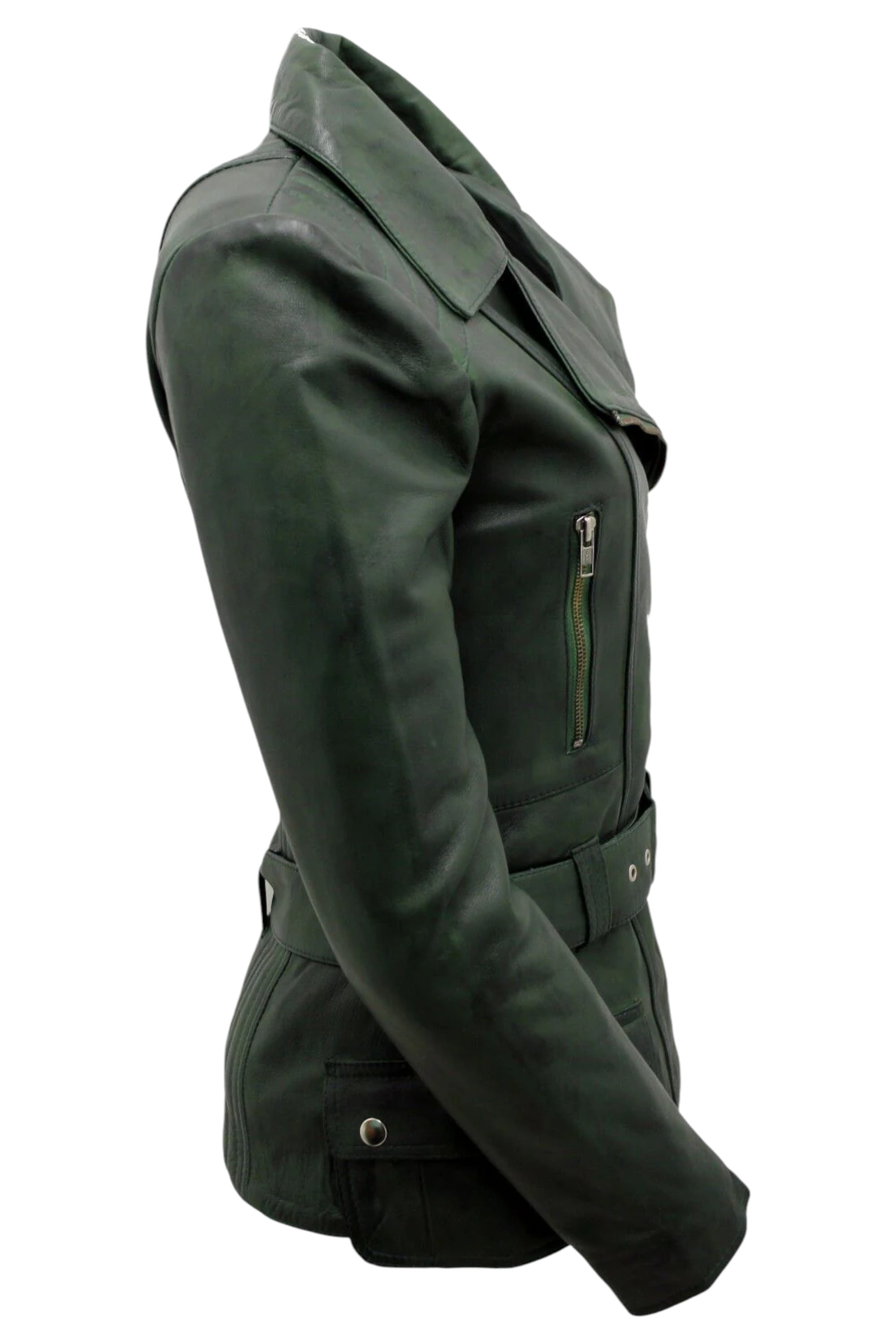 Grey Womens Long Leather Biker Jacket-Quito, Image 2 of 4