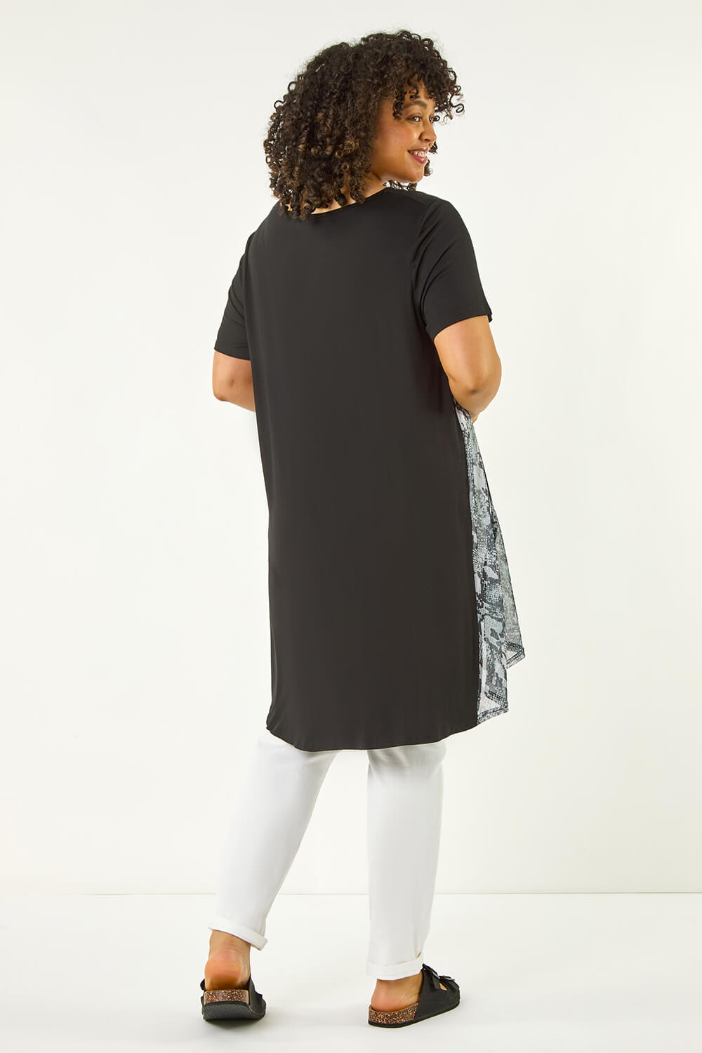 Black Curve Print Mesh Trim T-Shirt, Image 4 of 5