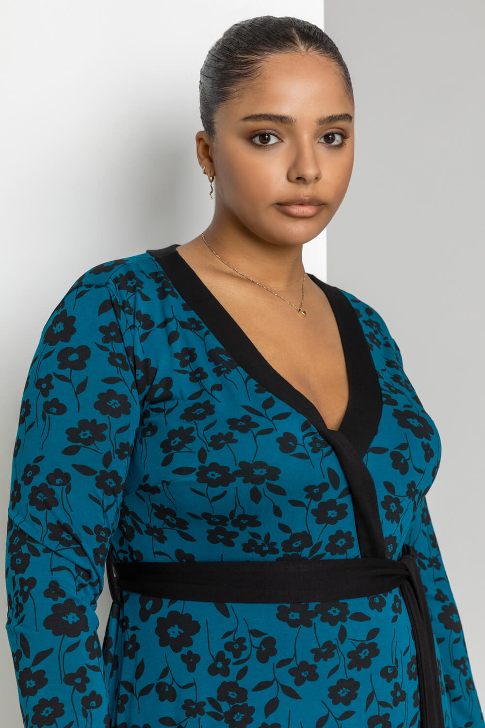 Petrol Blue Curve Floral Contrast Print Wrap Dress, Image 5 of 4
