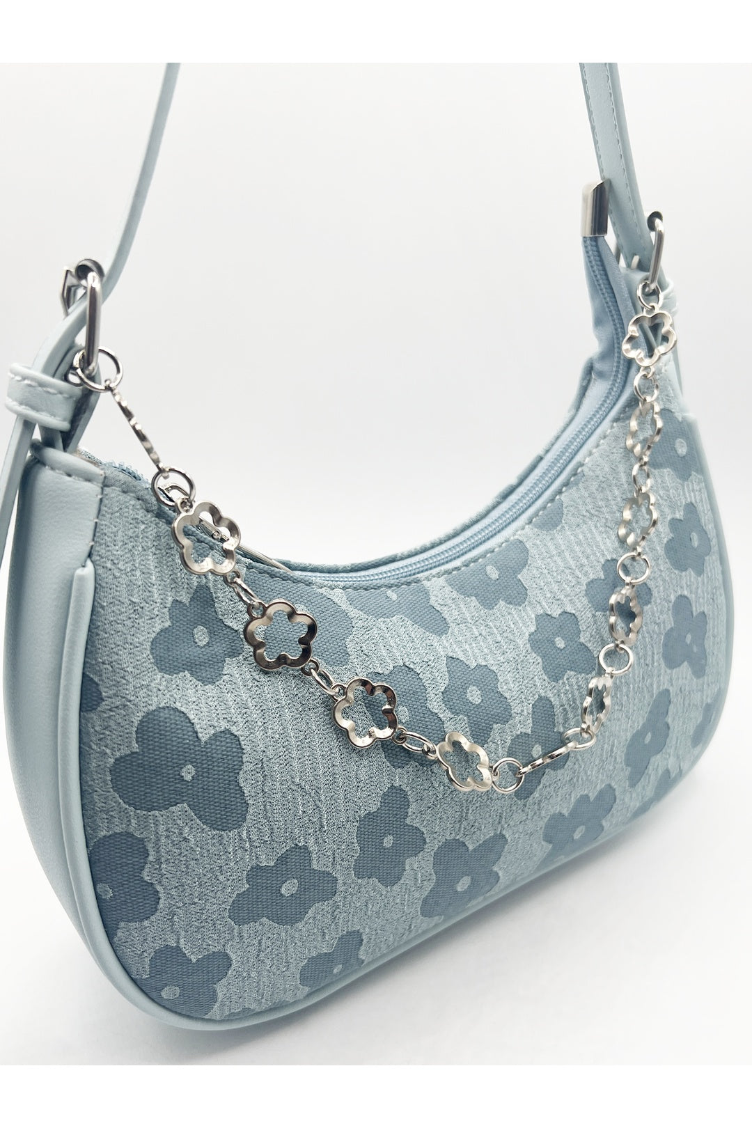 Blue Floral Print Miniture Shoulder Bag With Chain, Image 3 of 5