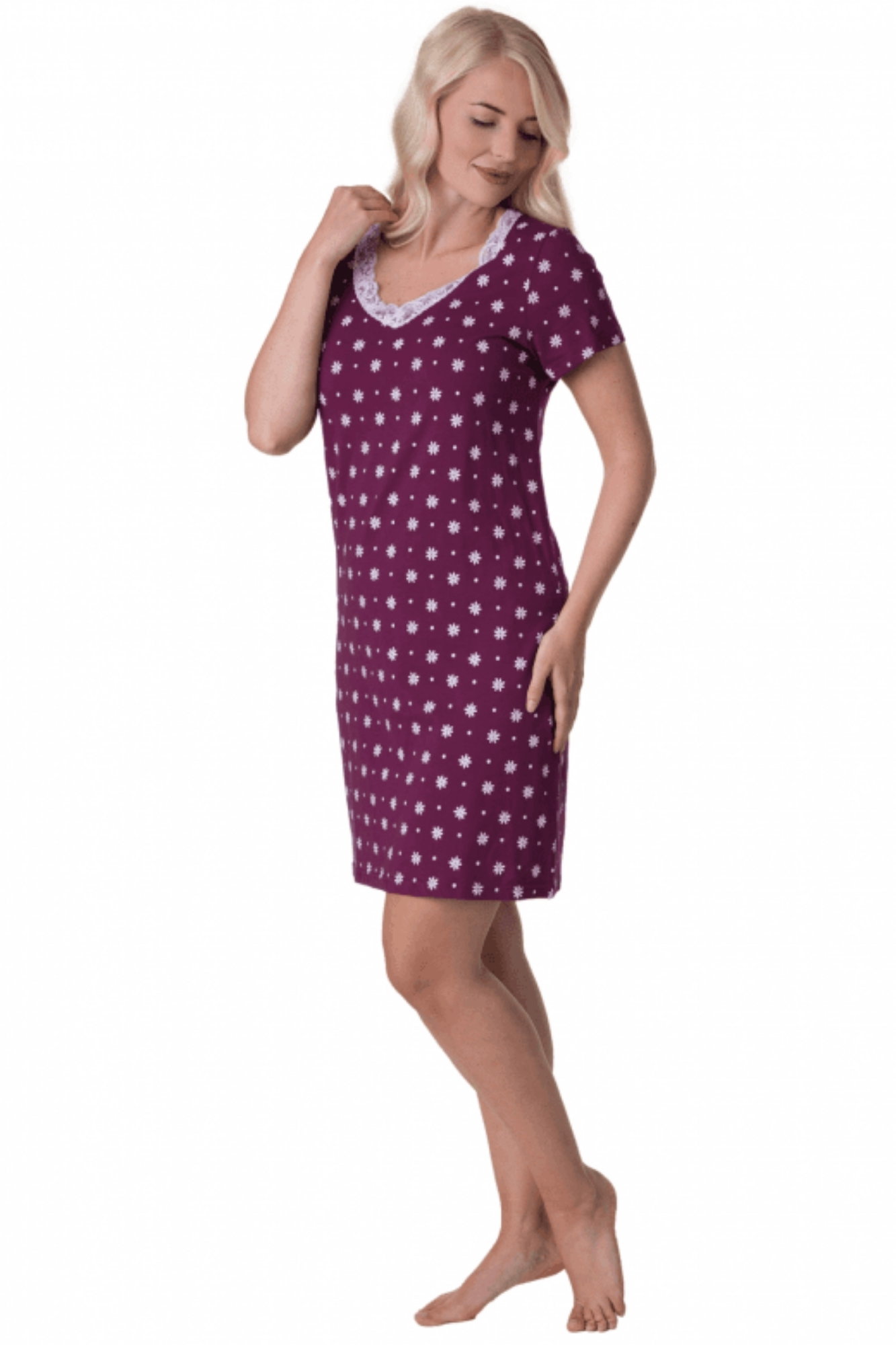 Purple Floral Dot Print Cotton Nightdress, Image 4 of 5