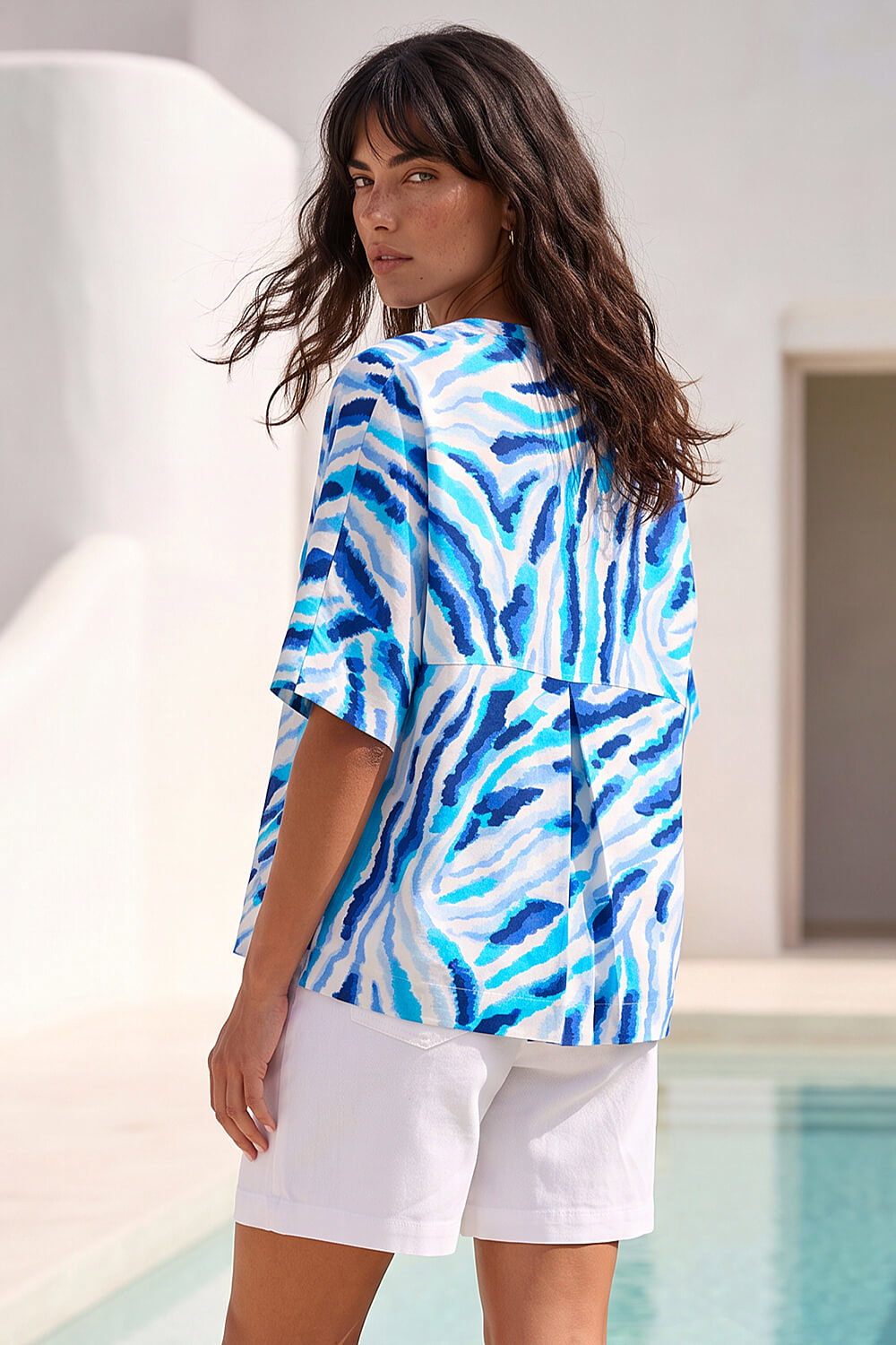 Blue Print Pleated Tunic Top, Image 4 of 5