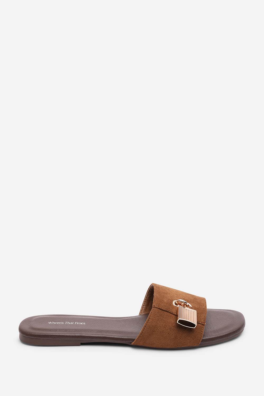 Brown Solana Gold Trim Flat Slide On Sandal, Image 3 of 6