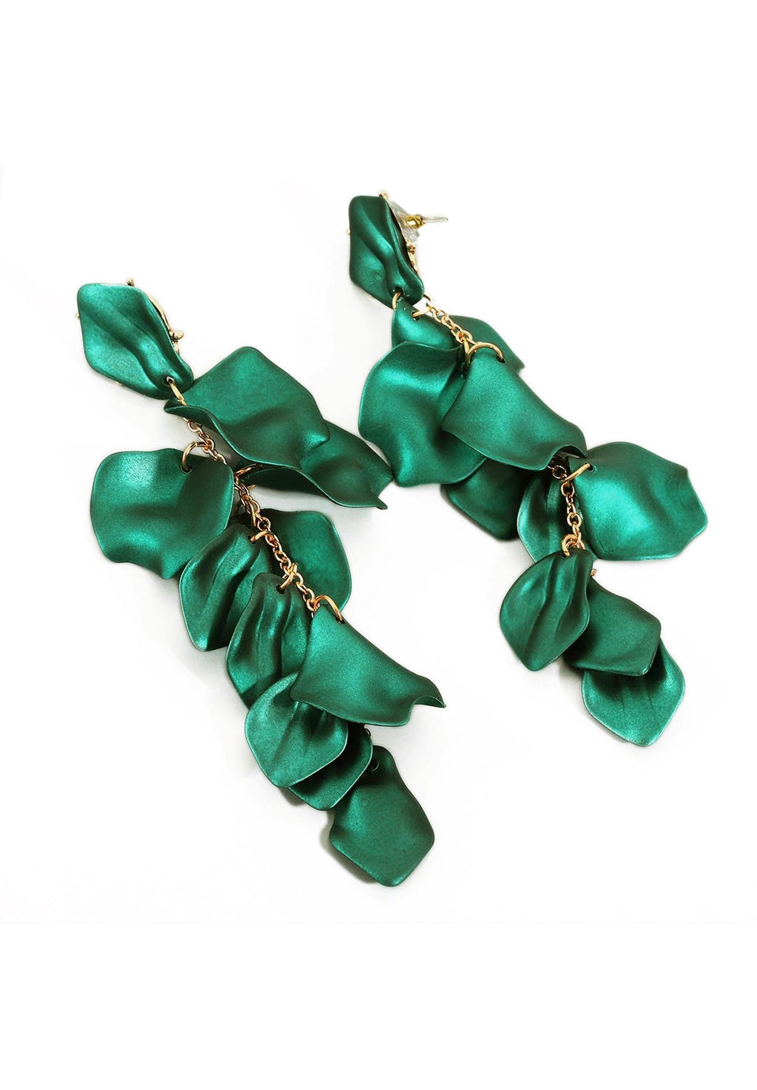 Purple Dark Green Rose Petal Shaped Danglers Earrings.