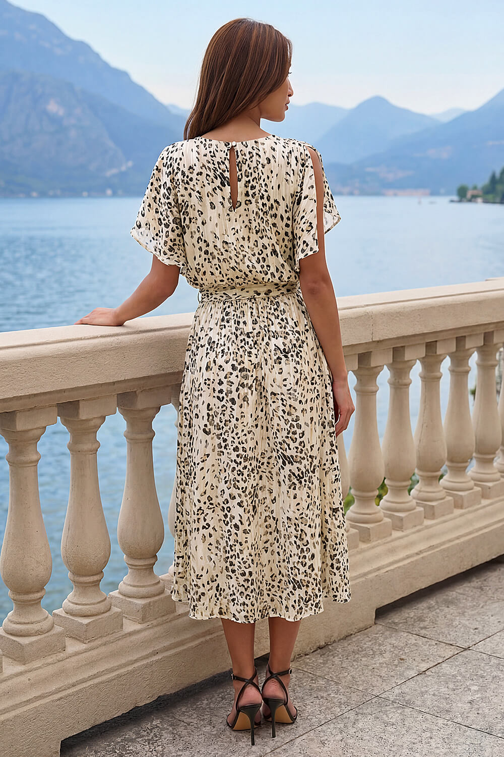 Cream  Animal Print Split Sleeve Midi Dress, Image 4 of 4