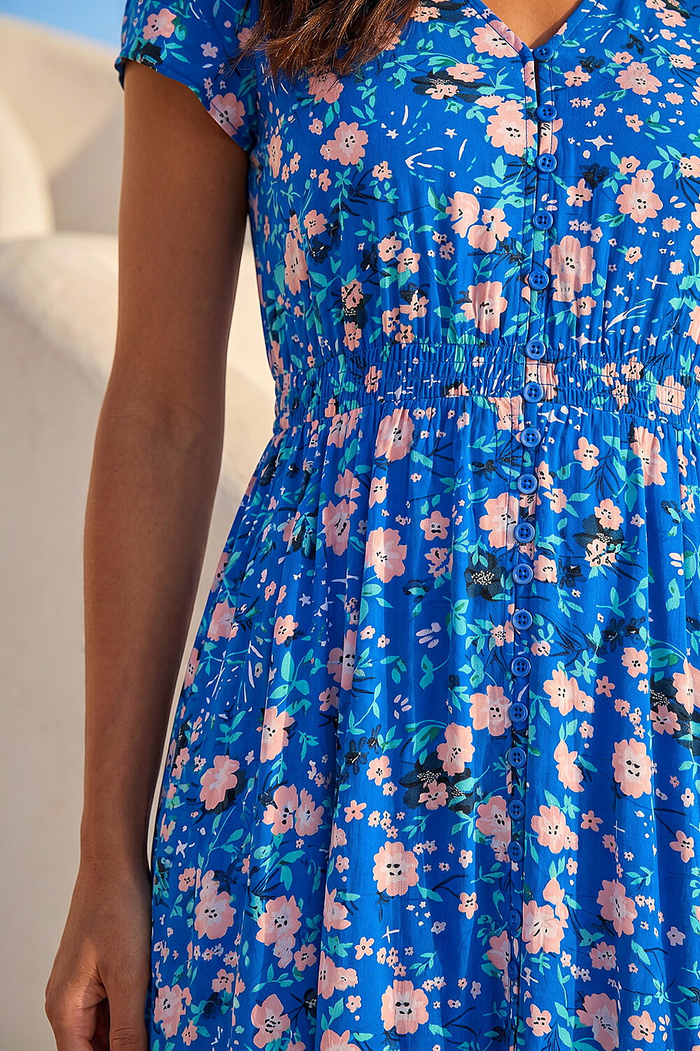 Royal Blue Floral Border Print Midi Dress, Image 5 of 4