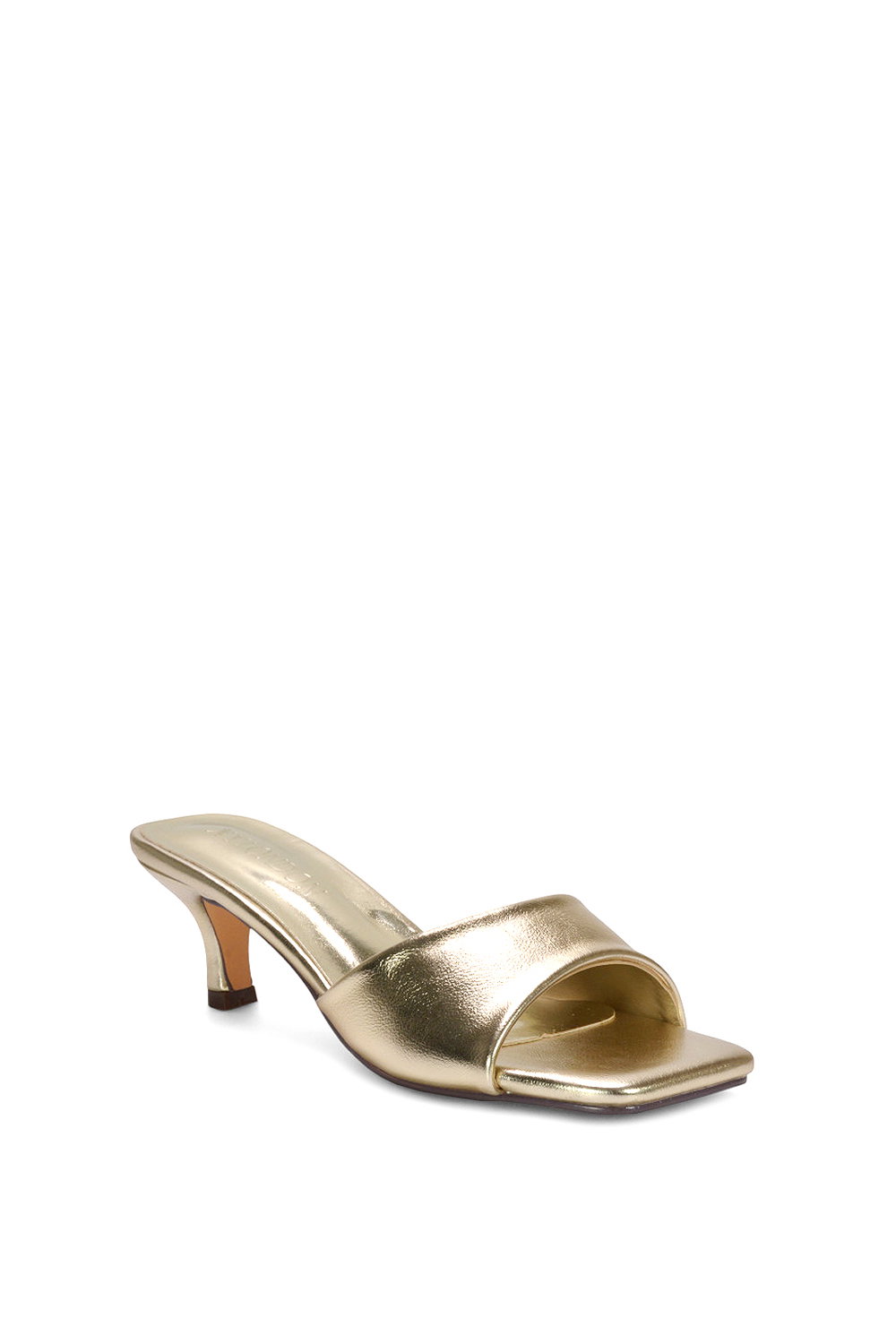 Gold XY LONDON Gold 'Pearl' Square Toe Stiletto Kitten Heel Mule Sandals, Image 2 of 6
