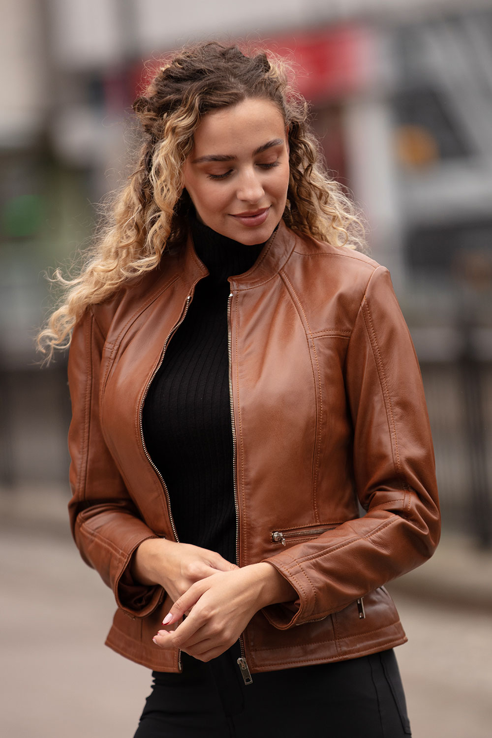 Tan 'Chiara' Mandarin Collar Real Leather Biker Jacket, Image 1 of 5