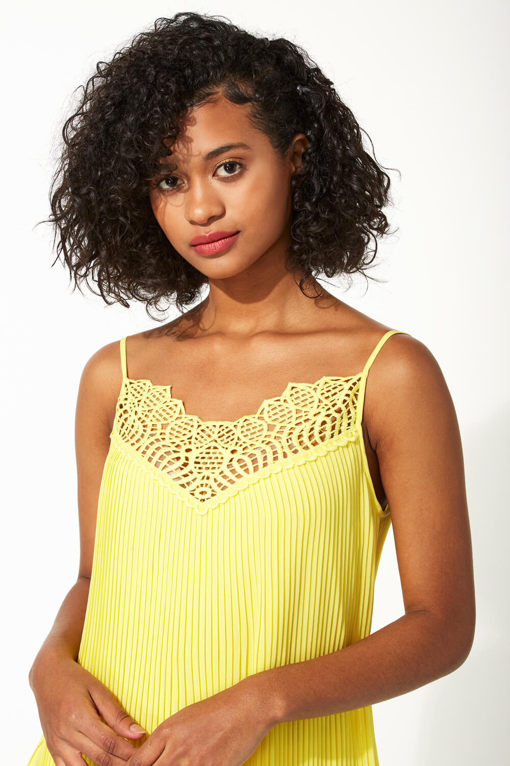 Yellow Pleated Lace Trim Cami Top, Image 5 of 5