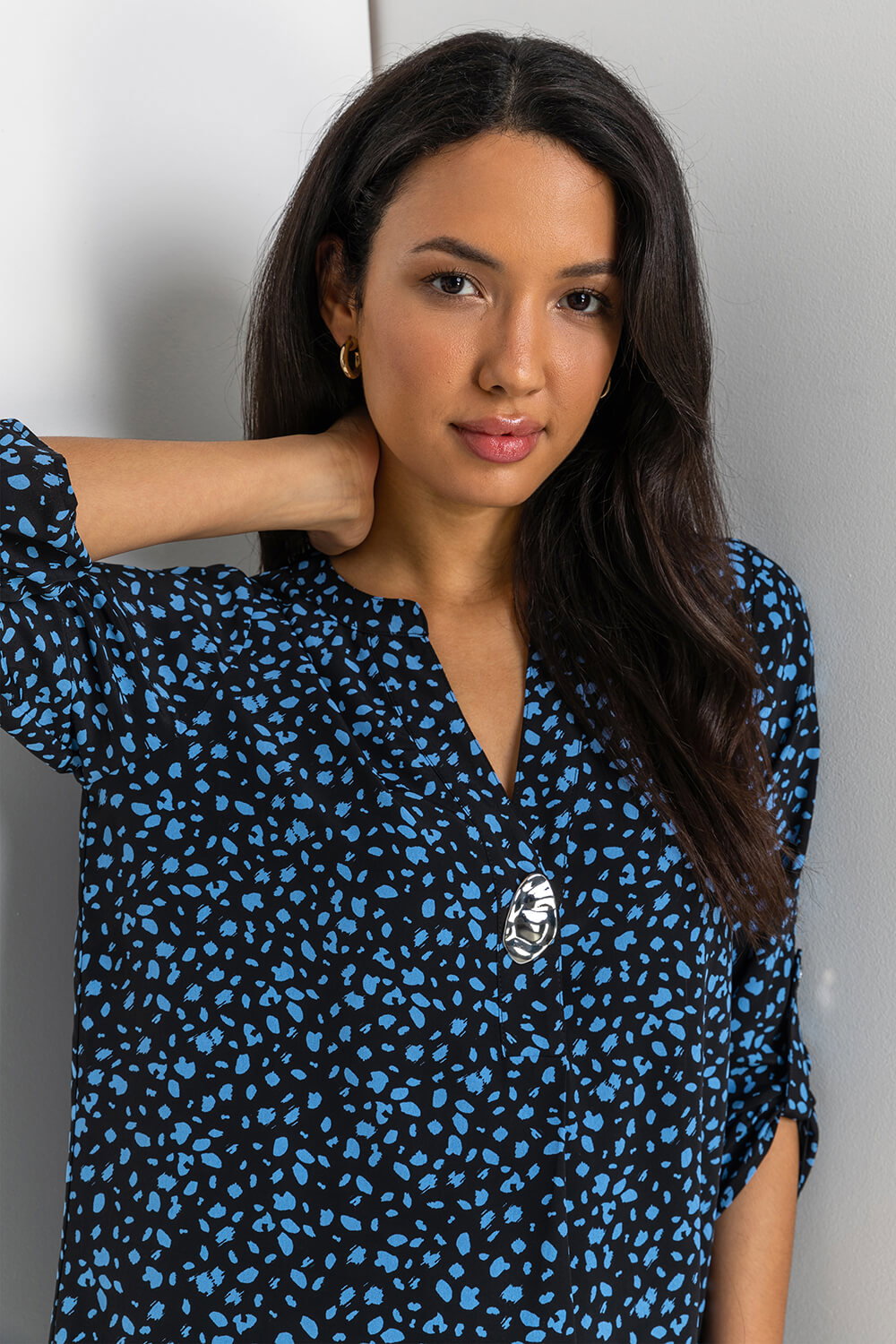 Blue Abstract Print 3/4 Sleeve Longline Top, Image 6 of 5