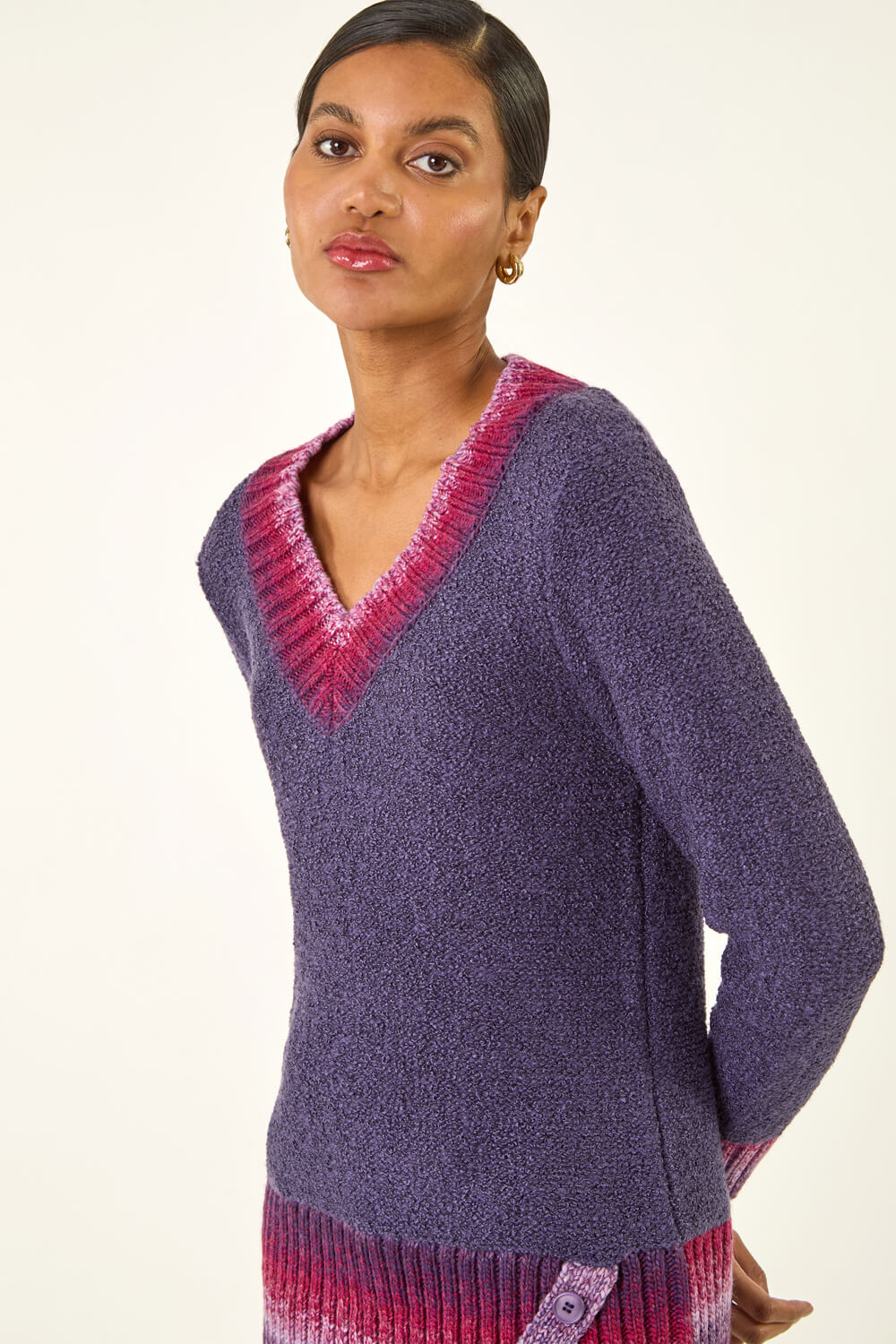 Purple V-Neck Ombre Trim Knit Jumper, Image 5 of 5