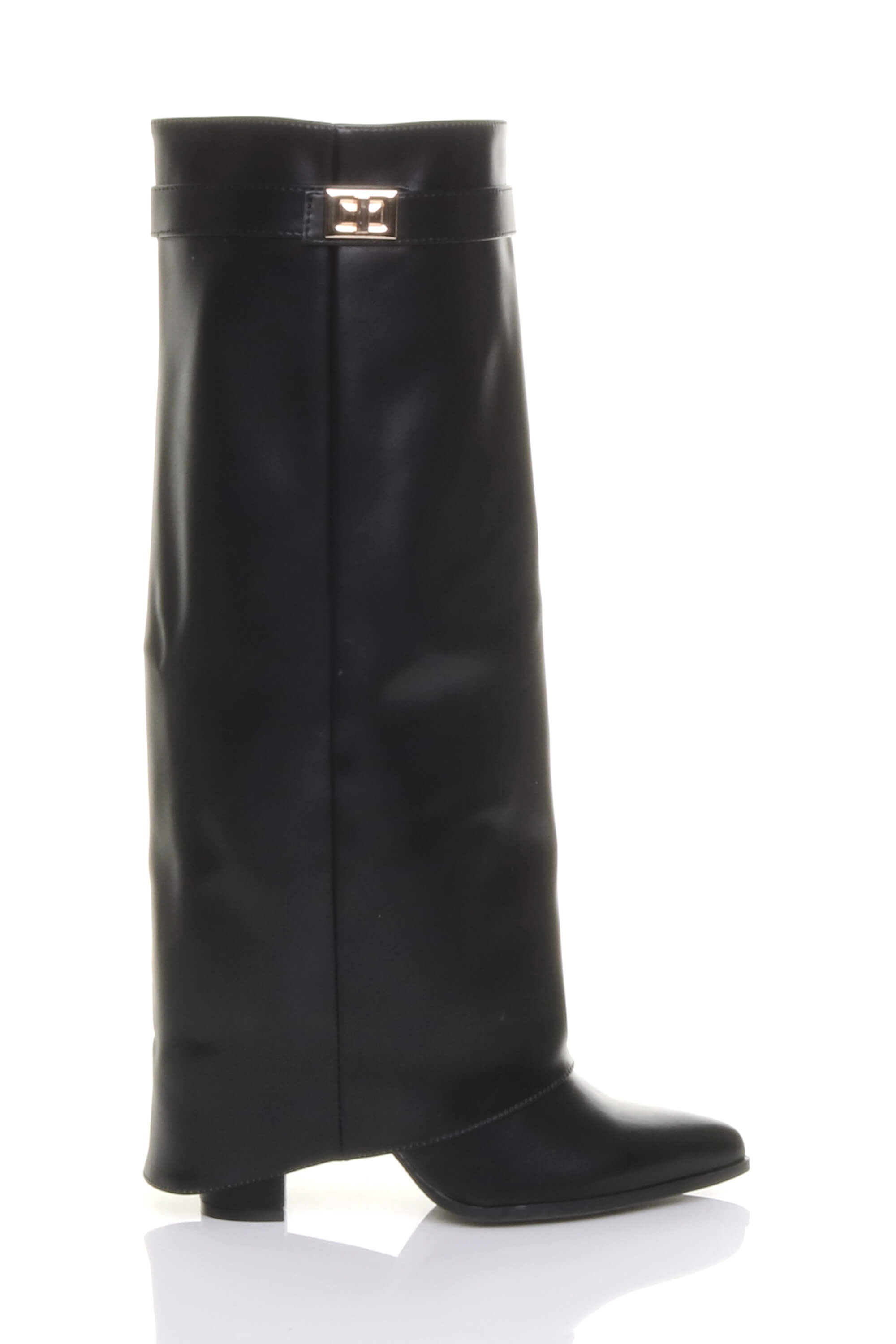 Black High Block Heel Pointed Toe Fold Over Knee Boots
