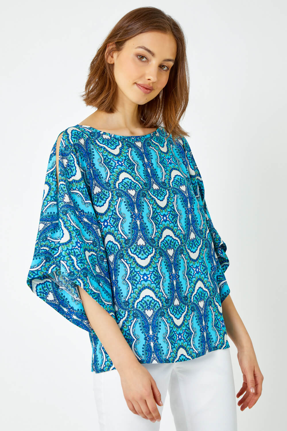 Blue Tile Print Cold Shoulder Top, Image 1 of 5
