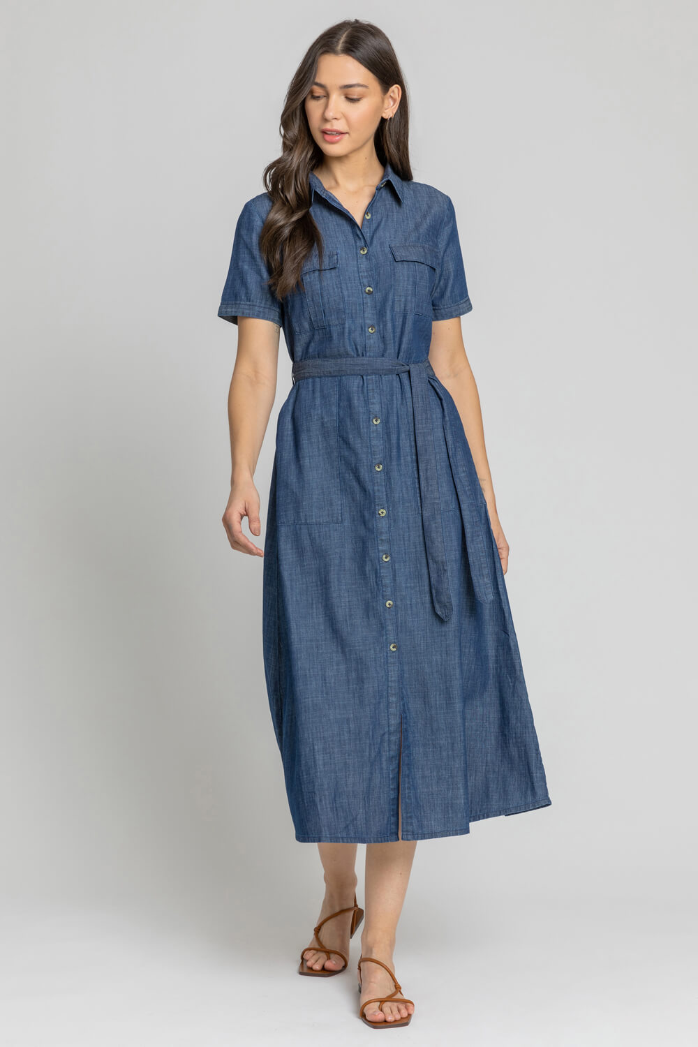 Yumi Blue Denim Stretch Shirt Dress With Pocket Details