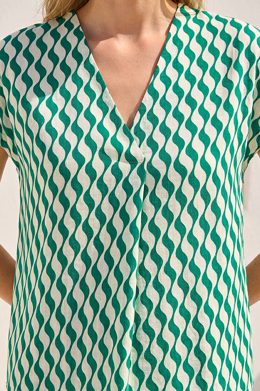 Green Wave Stripe Print V-Neck Top, Image 5 of 4