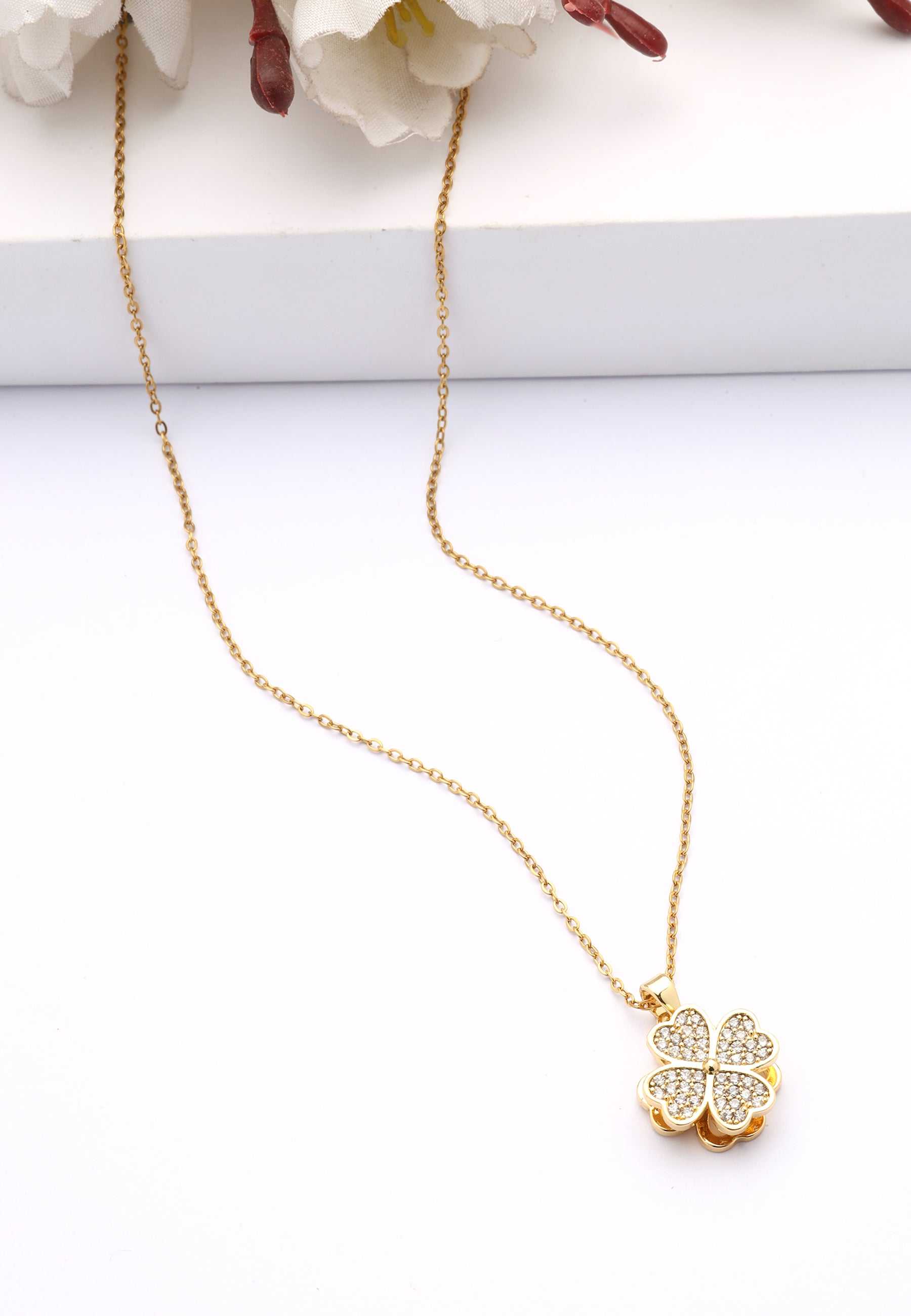 Gold Golden Clover Sparkle Floral Pendant., Image 2 of 5