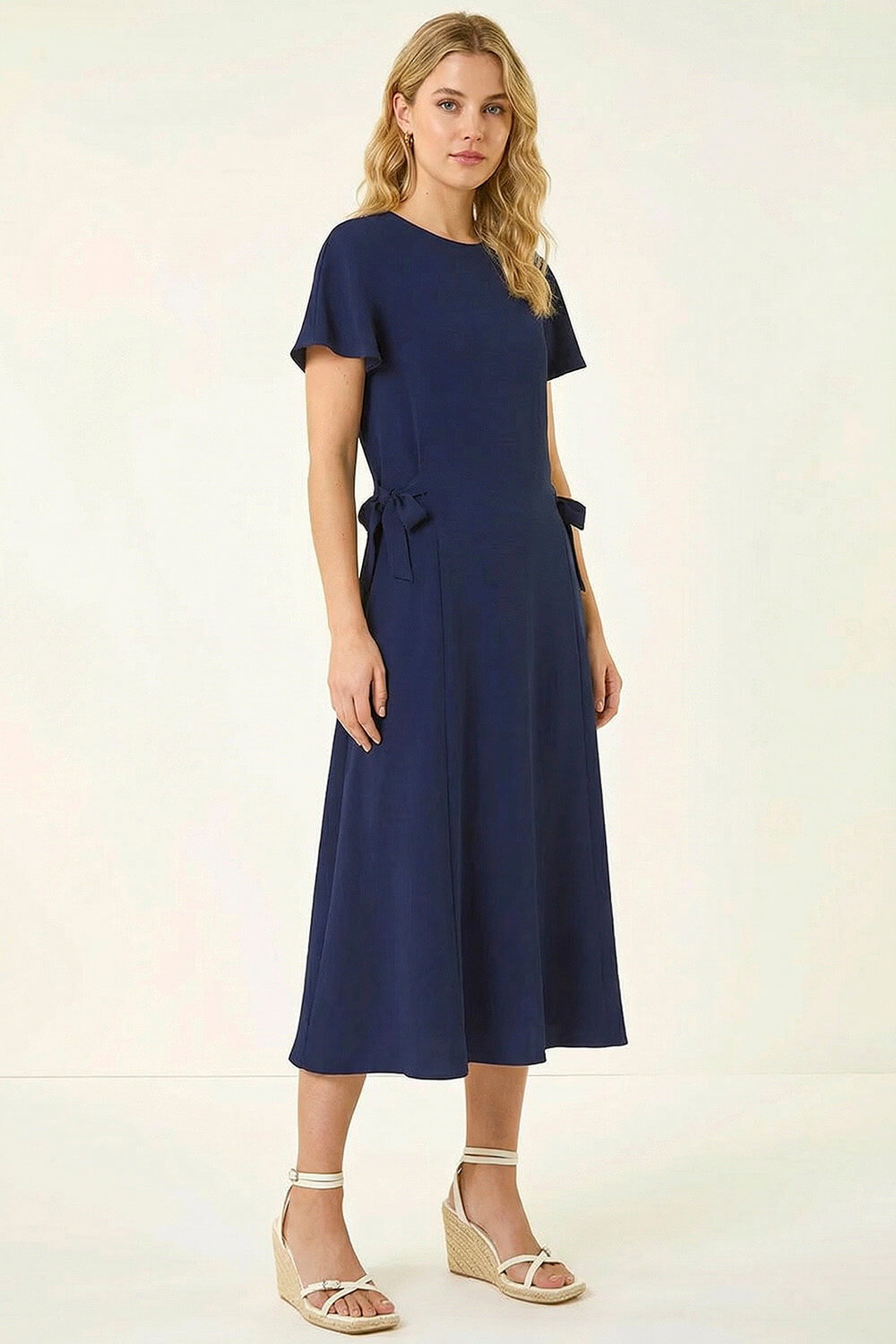 Navy  Side Tie Detail Midi Dress, Image 5 of 6