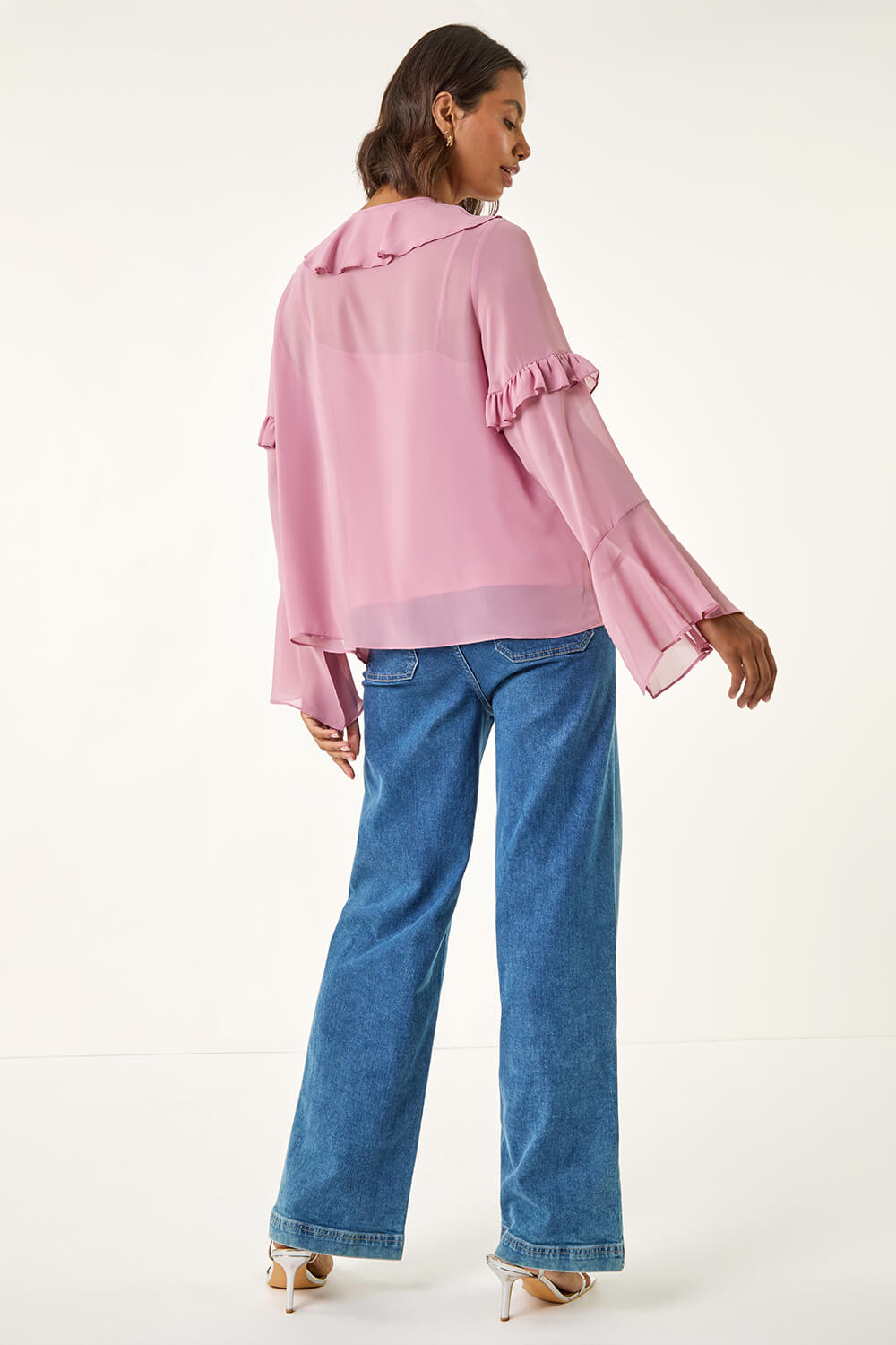 Lavender Chiffon Tie Neck Ruffle Tunic Top, Image 4 of 5