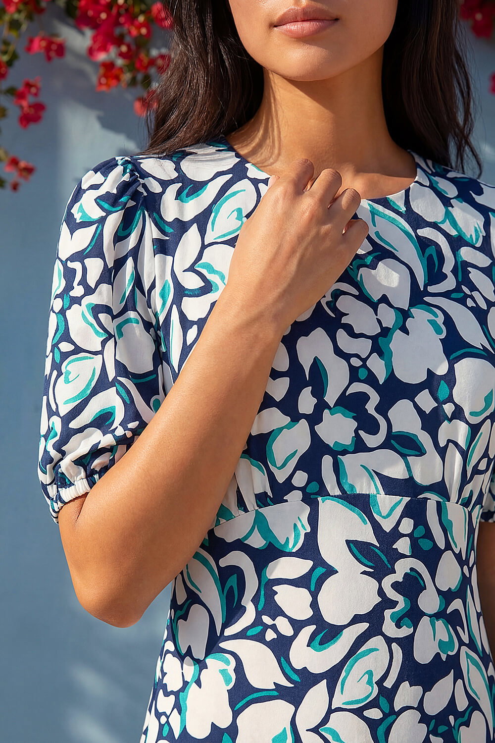 Navy Petite Floral Stretch Midi Dress, Image 5 of 4