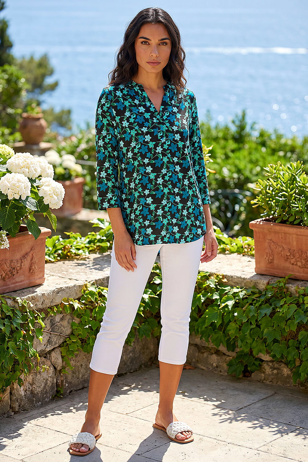 Teal Abstract V-Neck Stretch Top, Image 4 of 4