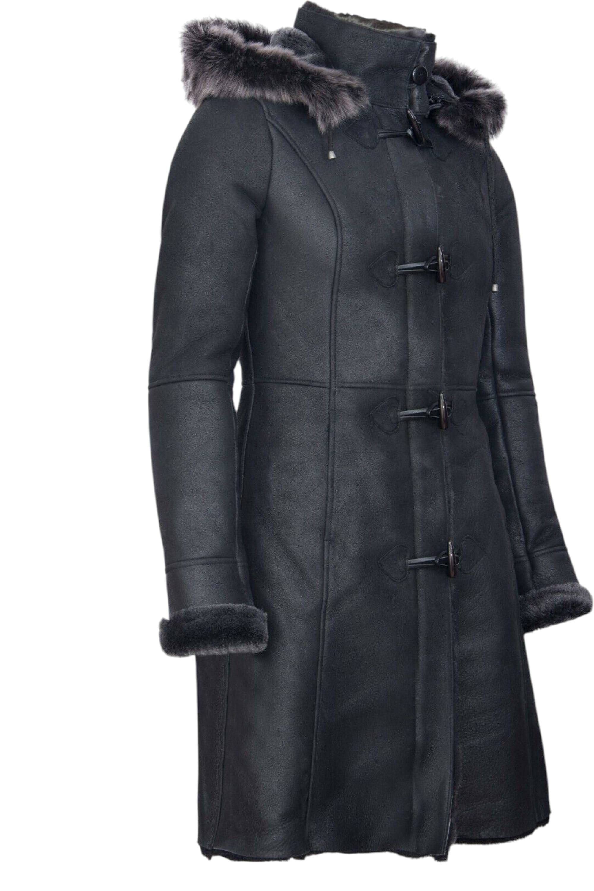 Black Womens Sheepskin Hooded Duffle Coat, Image 4 of 5