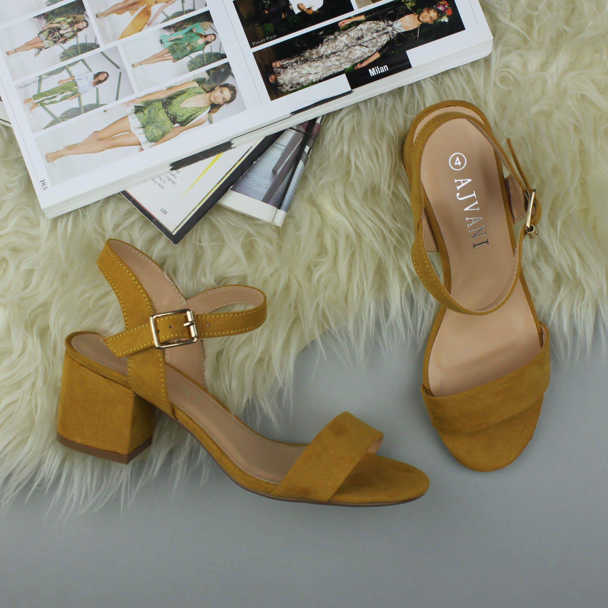 Yellow AJVANI Yellow Mid Block Heel Strappy Sandals, Image 4 of 6